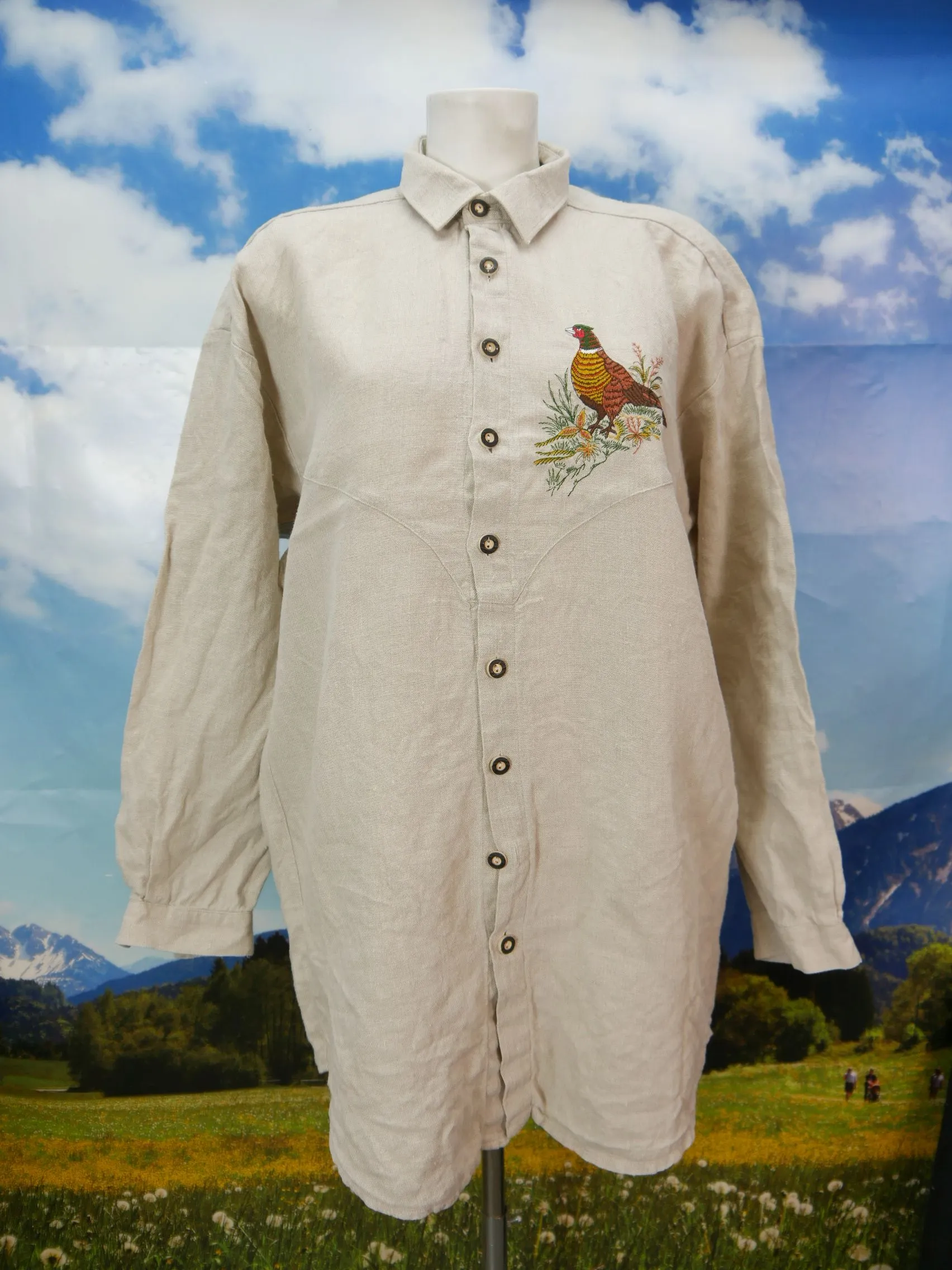 Gr.L Trachtenhemd Arzberger beige Leinen mit Stickerei Trachten Hemd TH1921